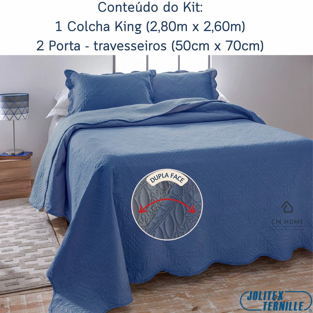 Colcha King Cobre Leito Jolitex Dupla Face 2,80x2.60 - 3 Peças - Azul Indigo