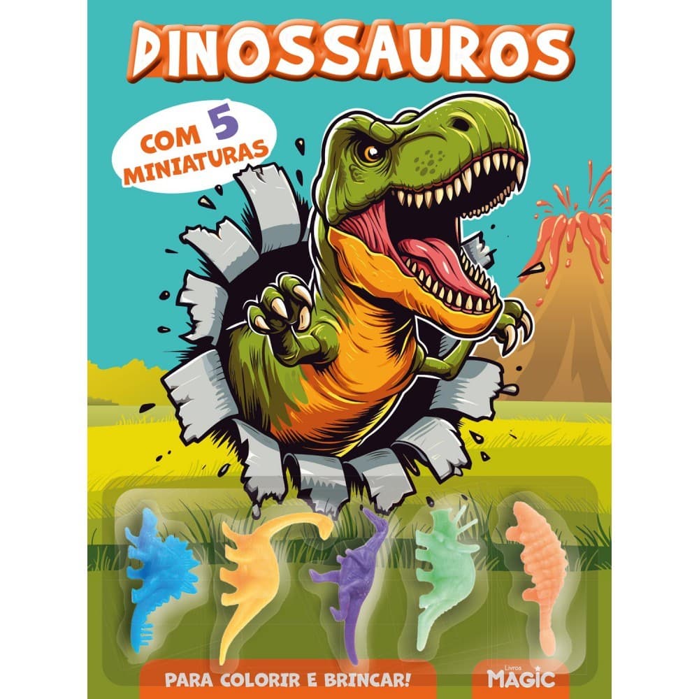 Livro Dinossauros - Colorir e Brincar com 5 Miniaturas