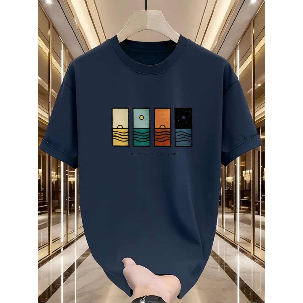Camiseta Masculina 100% Algodão Estampa Paisagem Um Dia de Cada Vez Manga Curta Verão Gola Redonda Casual