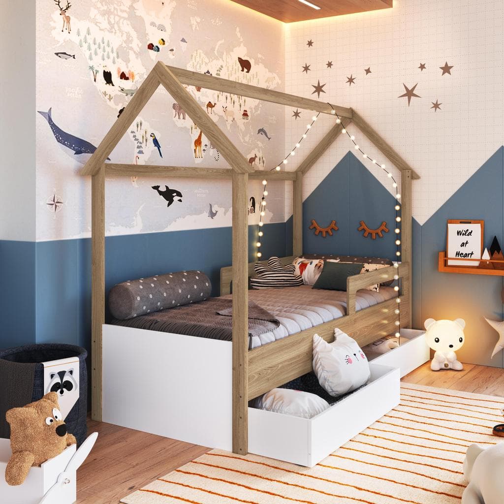 Cama Infantil Montessori Casinha 188x78cm com Proteção Lateral e Gavetas com Rodas Aveiro e Branco
