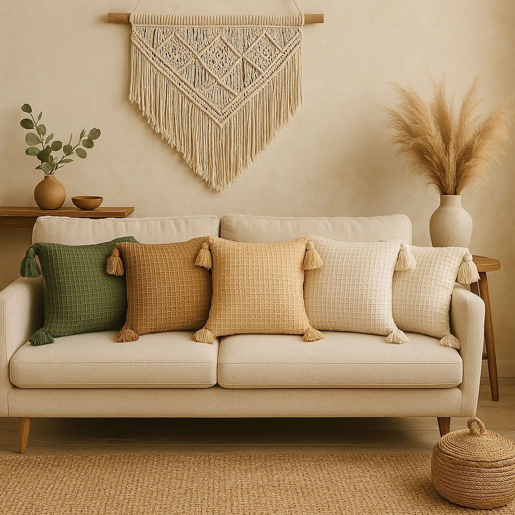 Capa de Almofada 45x45cm – Bohochic em Algodão Cru com Detalhes de Pompom