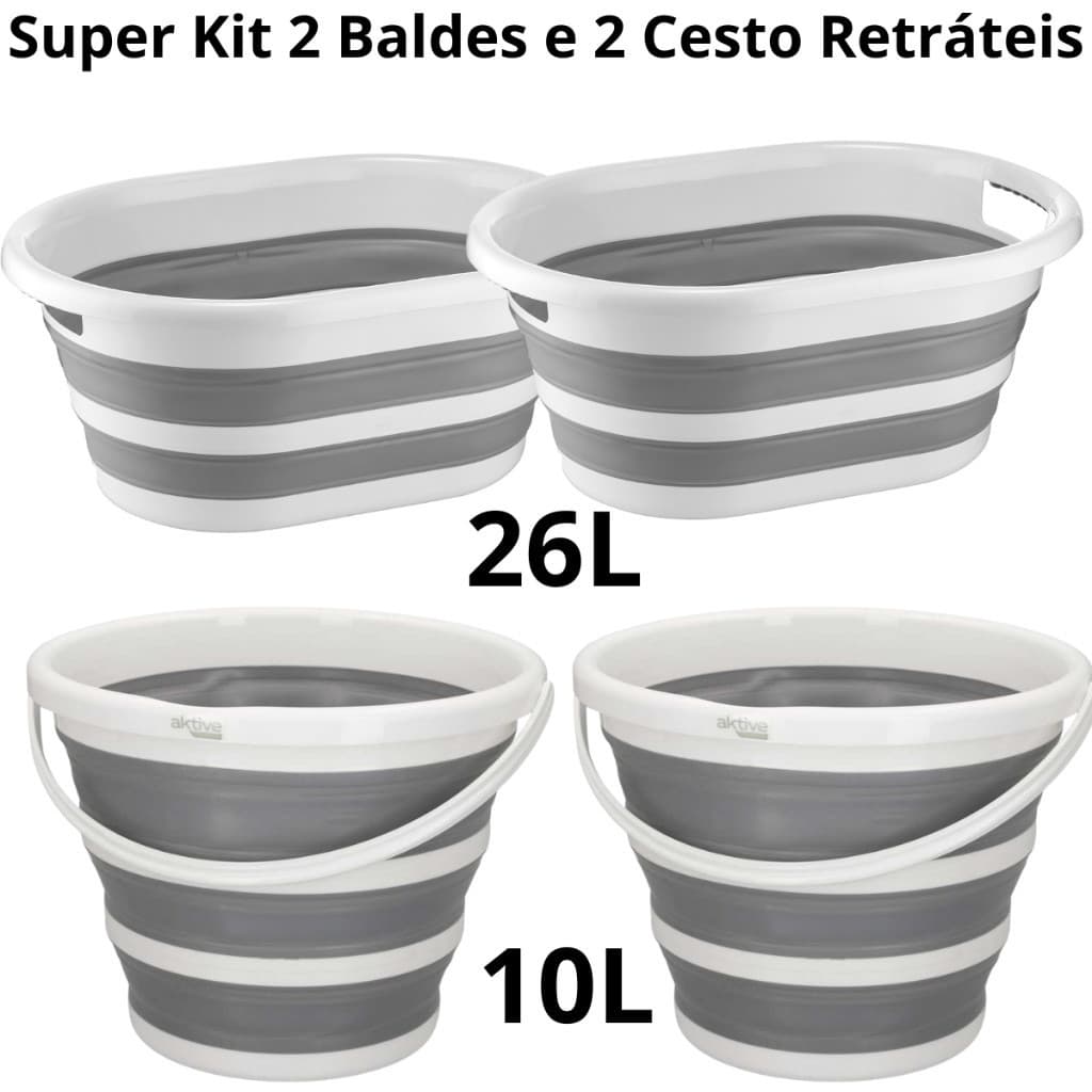 Super Kit Com 2 Cesto De 26 Litros Retrátil de Silicone E 2 Baldes De 10 Litros Retrátil Dobrável Powermaid