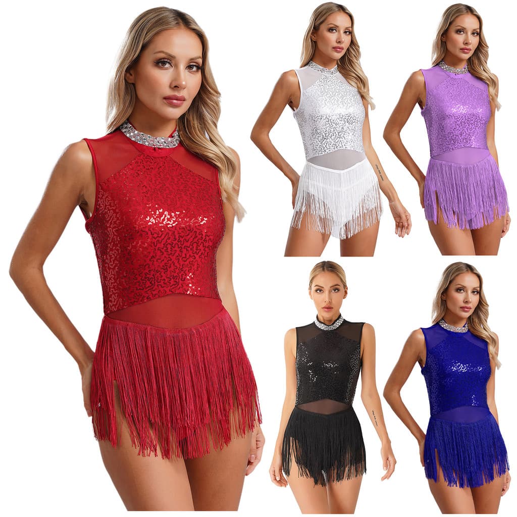 inhzoy Feminino Brilhante Strass Gola Franjas Collant Malha Retalhos Lantejoulas Vestido De Dança Latino Tango Rumba Cha