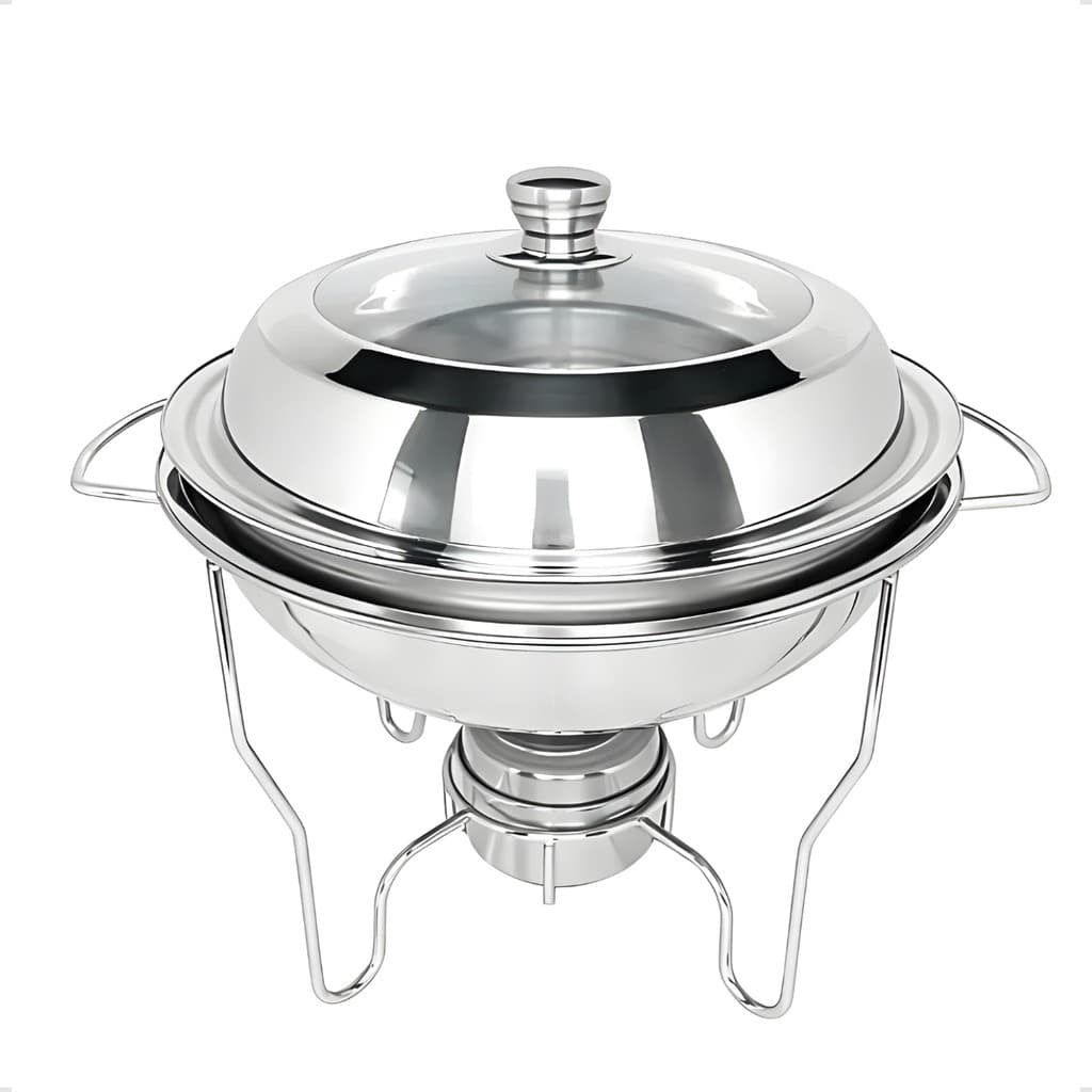 Rechaud Redondo Banho Maria Aço Inox 4,5L ou 5,5L com Tampa de Vidro