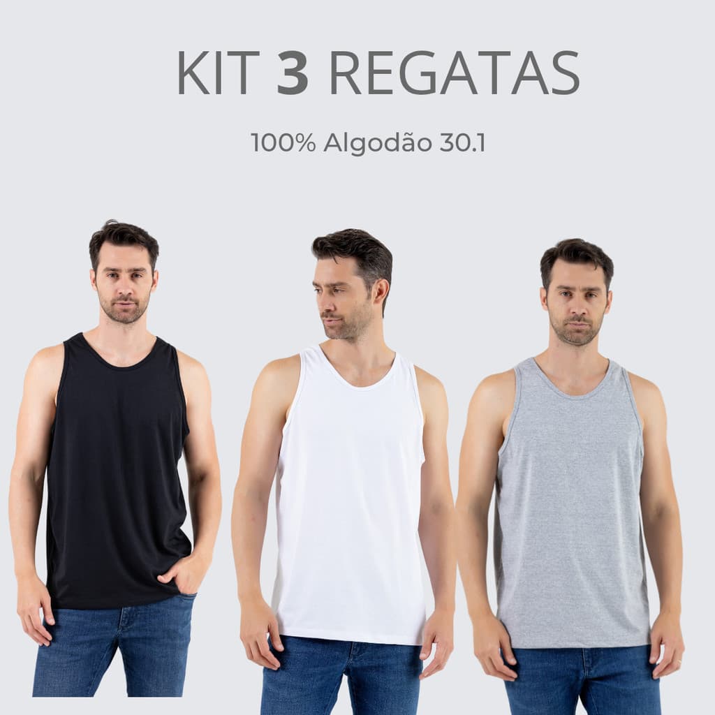 KIT 3 (três) Regata Masculina Básica 100% Algodão Preto Branco Azul e Cinza Oferta Promoção