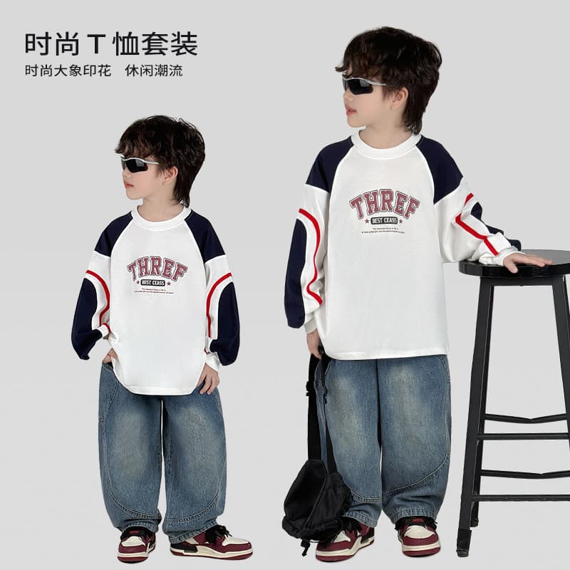 Roupas infantis de trabalho médio meninos terno moda impressa camiseta Jeans terno de duas peças * ZH2581