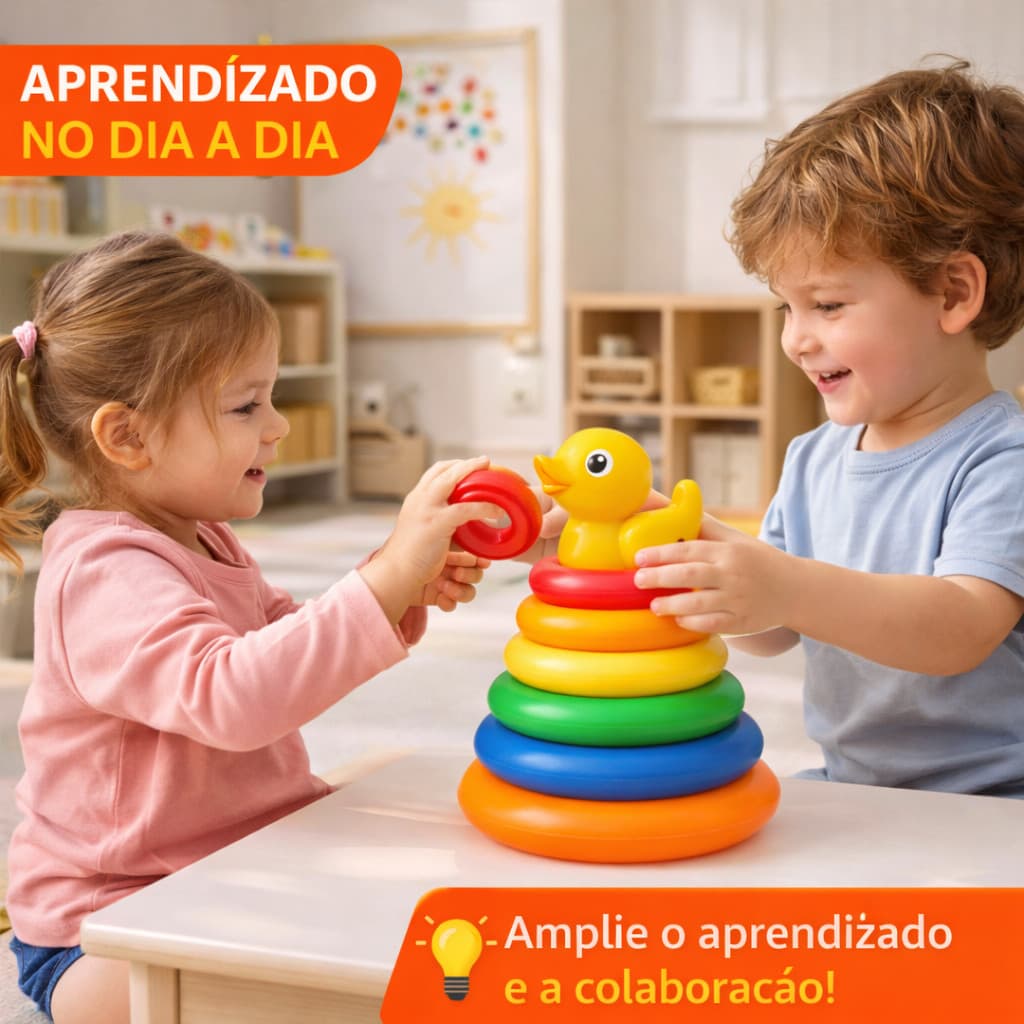 Brinquedo Educativo Infantil Argolas Coloridas com Patinho ou Peixinho Coordenação e Diversão