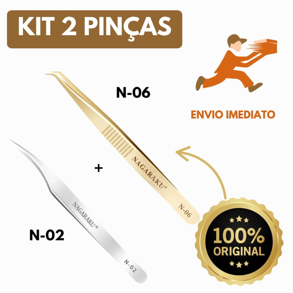 Kit 2 Pinças Nagaraku Extensão Alongamento Cílios N-06 e N-02 Gold Ouro Original Profissional no Brasil