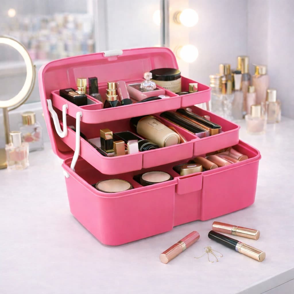 Maleta Feminina Caixa Organizadora Multiuso Maquiagem Esmaltes Manicure Com Bandejas Rosa Arqplast