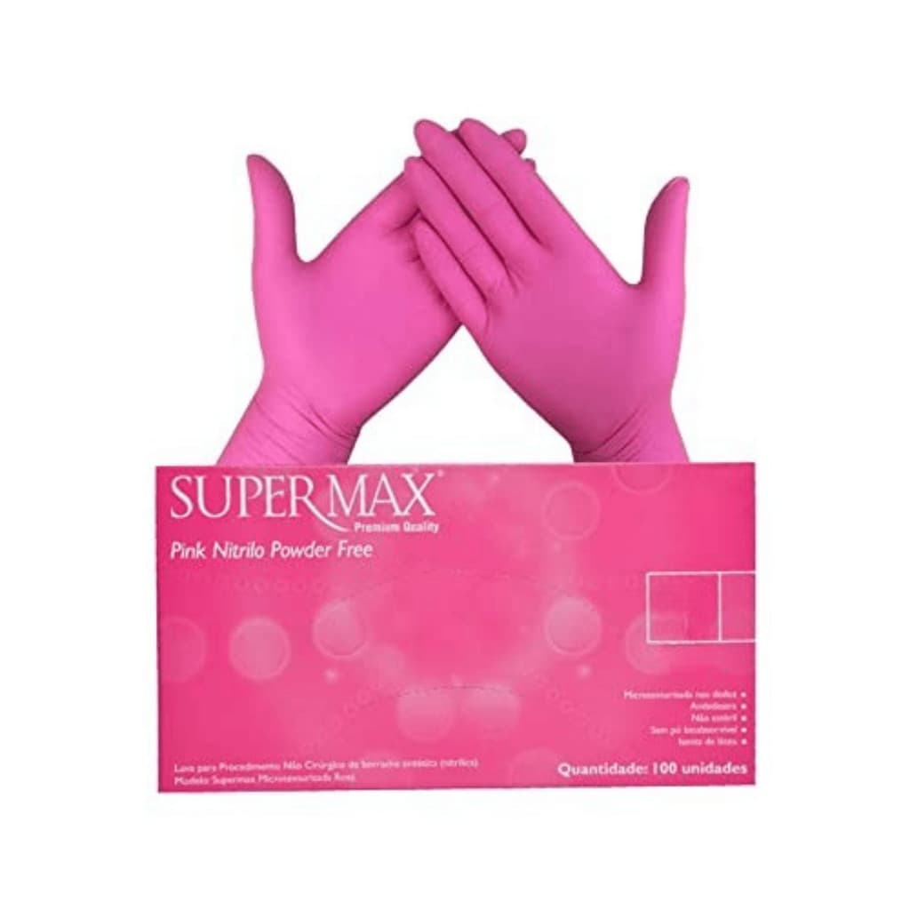 Luva Nitrílica Rosa Pink Sem Pó Supermax 100un - Ambidestra para Estética Manicure Podologia Tatuage