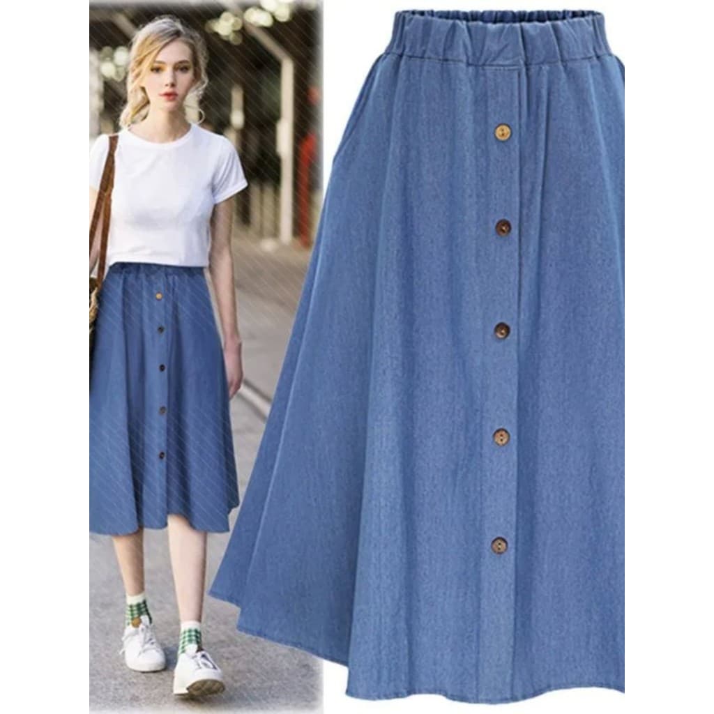 Saia Jeans Solta Linha a Meio Comprimento Feminina Evasê