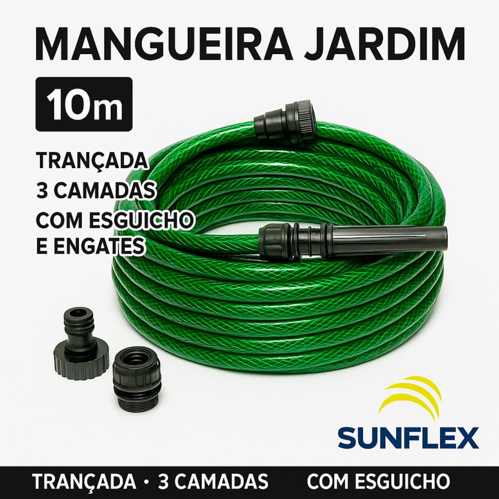 Mangueira Jardim 10 Metros 1/2 Sunflex Trançada com Esguicho Engates e Adaptador Torneira
