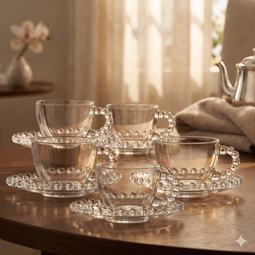 Jogo De Xícaras E Pires Em Vidro Transparente 6 Peças Para Café 100ml Pérola | 3 Xícaras e 3 Pires - PREMIUM