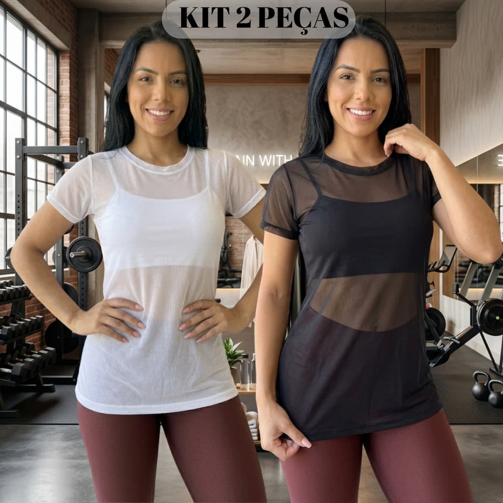 Kit 2 Blusa Feminina de Tule Transparente Com Manga Academia Fitness Leve e Respiráve