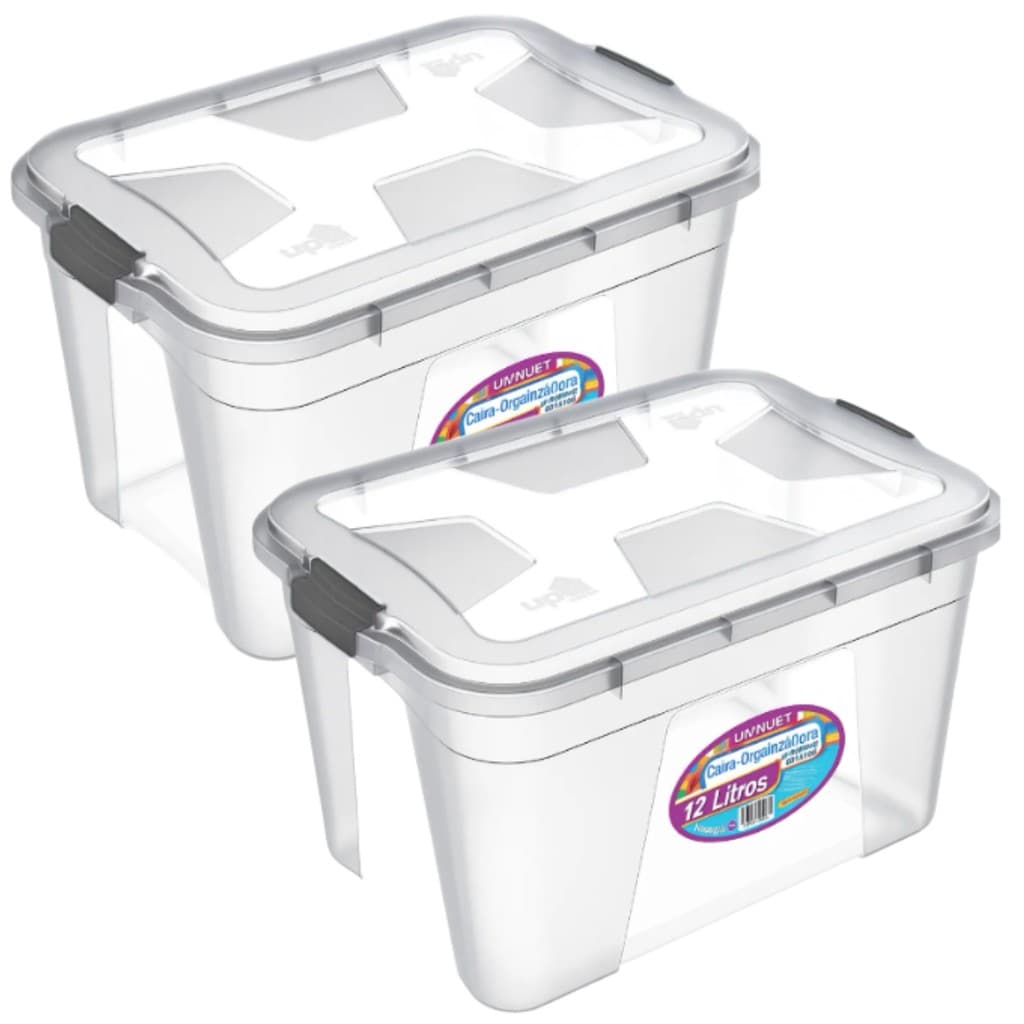 Kit 2 Caixa Organizadora Multiuso 12L Transparente com Travas Caixa Plástica Empilhável Closet Armário Roupas Brinquedos