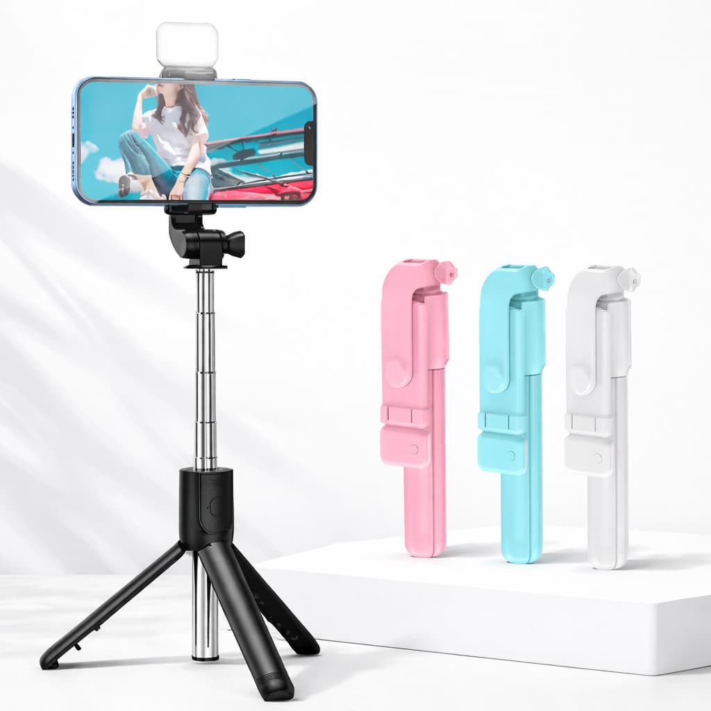 Pau de Selfie com Bluetooth e Luz LED Tripé Portátil para Celular Controle Remoto e Extensão 74cm