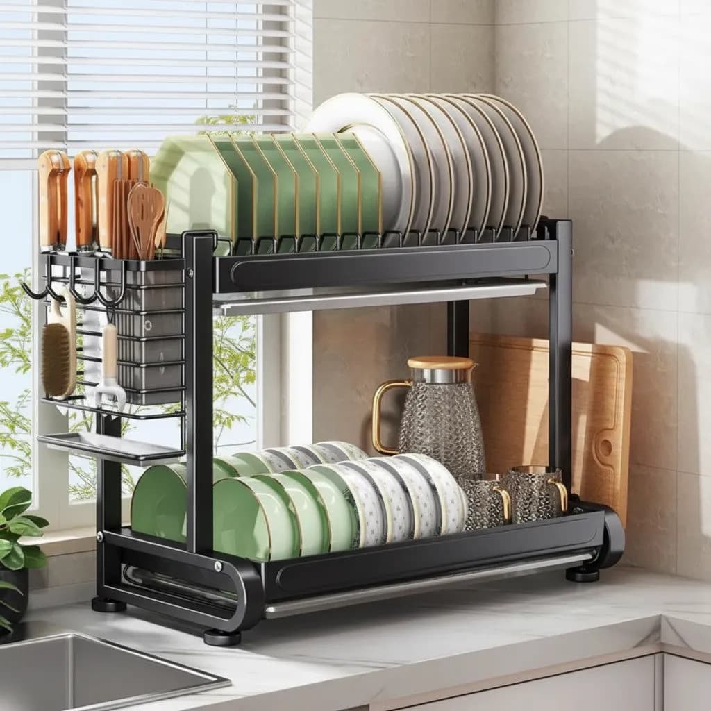 Escorredor De Louças 2 Andares Black Inox Grande Organizador De Pia Cozinha Industrial Com Porta Talheres Suporte Tábua
