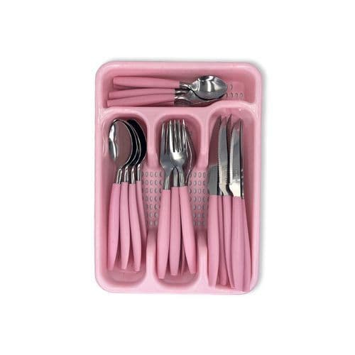 Faqueiro Talheres Aço Inox 24 Peças Com Estojo Organizador Rosa Utensílios Jantar