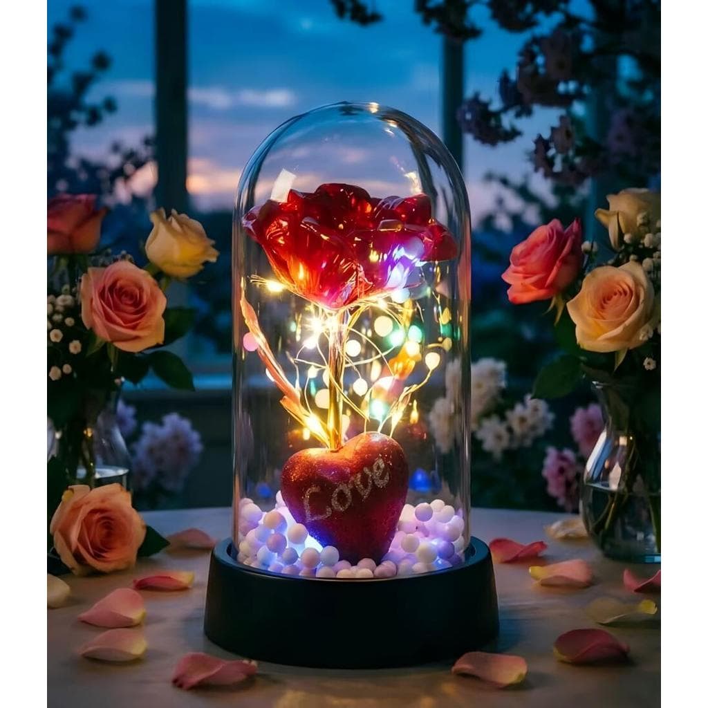 Rosa Encantada com Luz LED - Flor Eterna Decorativa em Cúpula de Acrílico Presente de aniversário para namorado