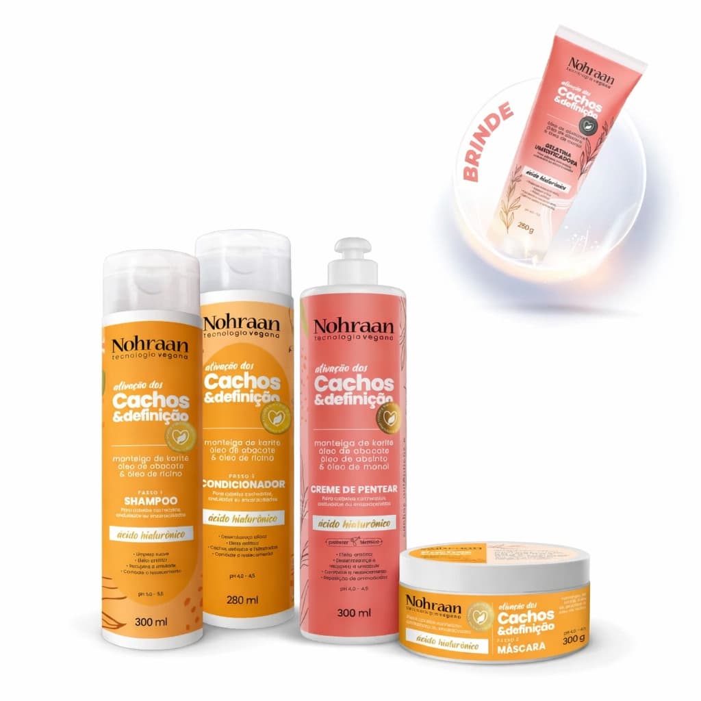Kit Linha Cachos – Shampoo + Condicionador + Máscara + Creme de Pentear Absinto + Gelatina Absinto de Brinde | Nohraan