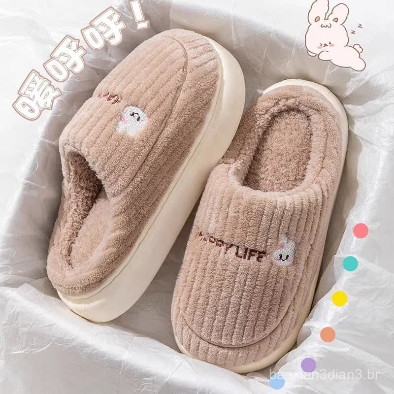 Chinelos de Algodão Femininos 2024 Novo Estilo Outono Inverno Interior Casa Sola Grossa Quente Fleece Antiderrapante Chi