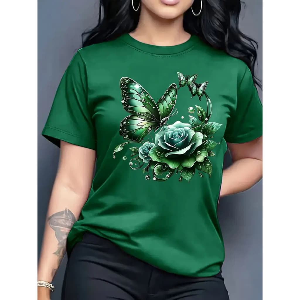 CAMISETA FEMININA ALGODÃO PREMIUM CASUAL E ELEGANTE BORBOLETA FLORAL