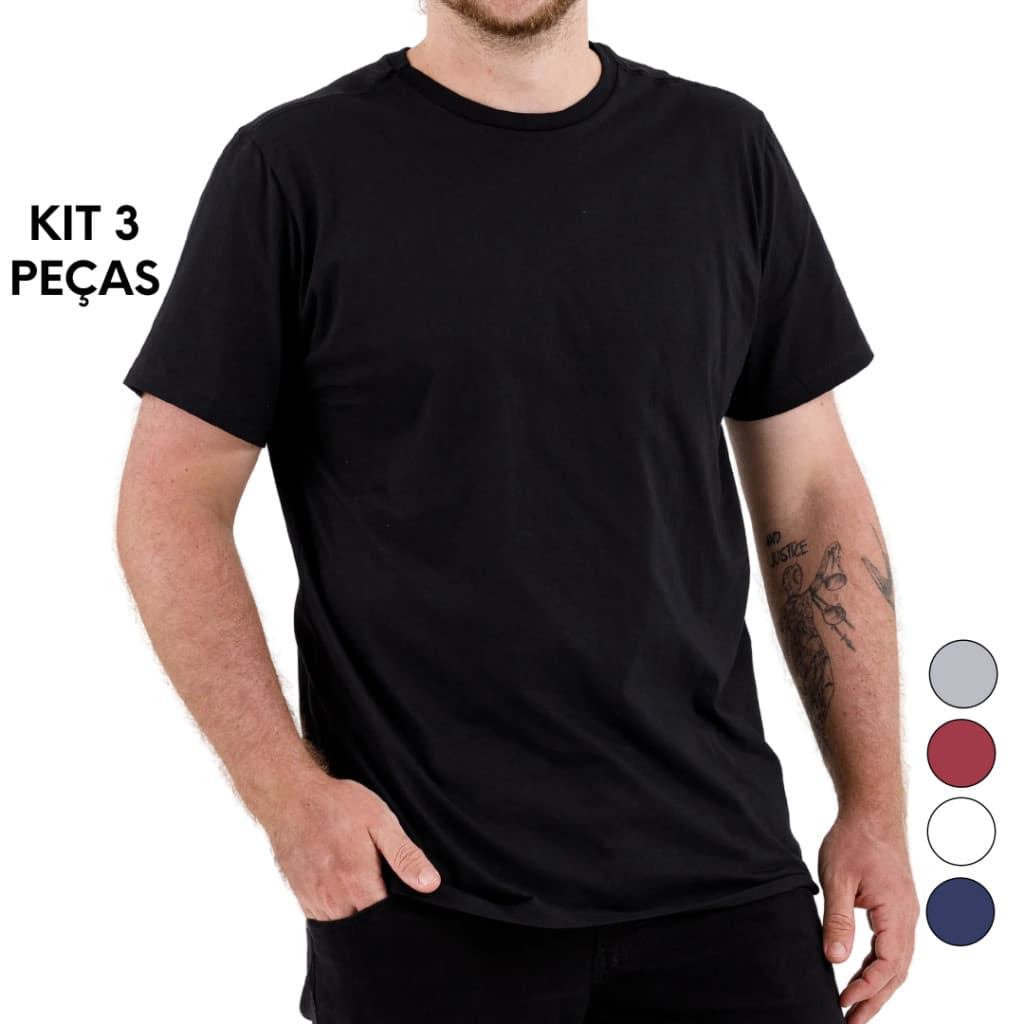Kit 3 Camiseta Masculina Lisa Básica 100% Algodão