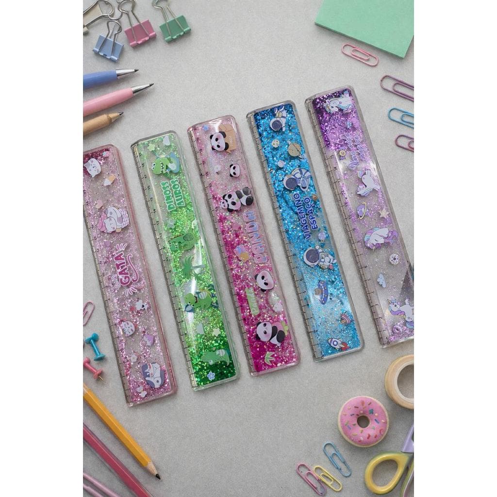 Régua 20cm com Glitter Infantil Papelaria Régua Plástica Decorada Escolar