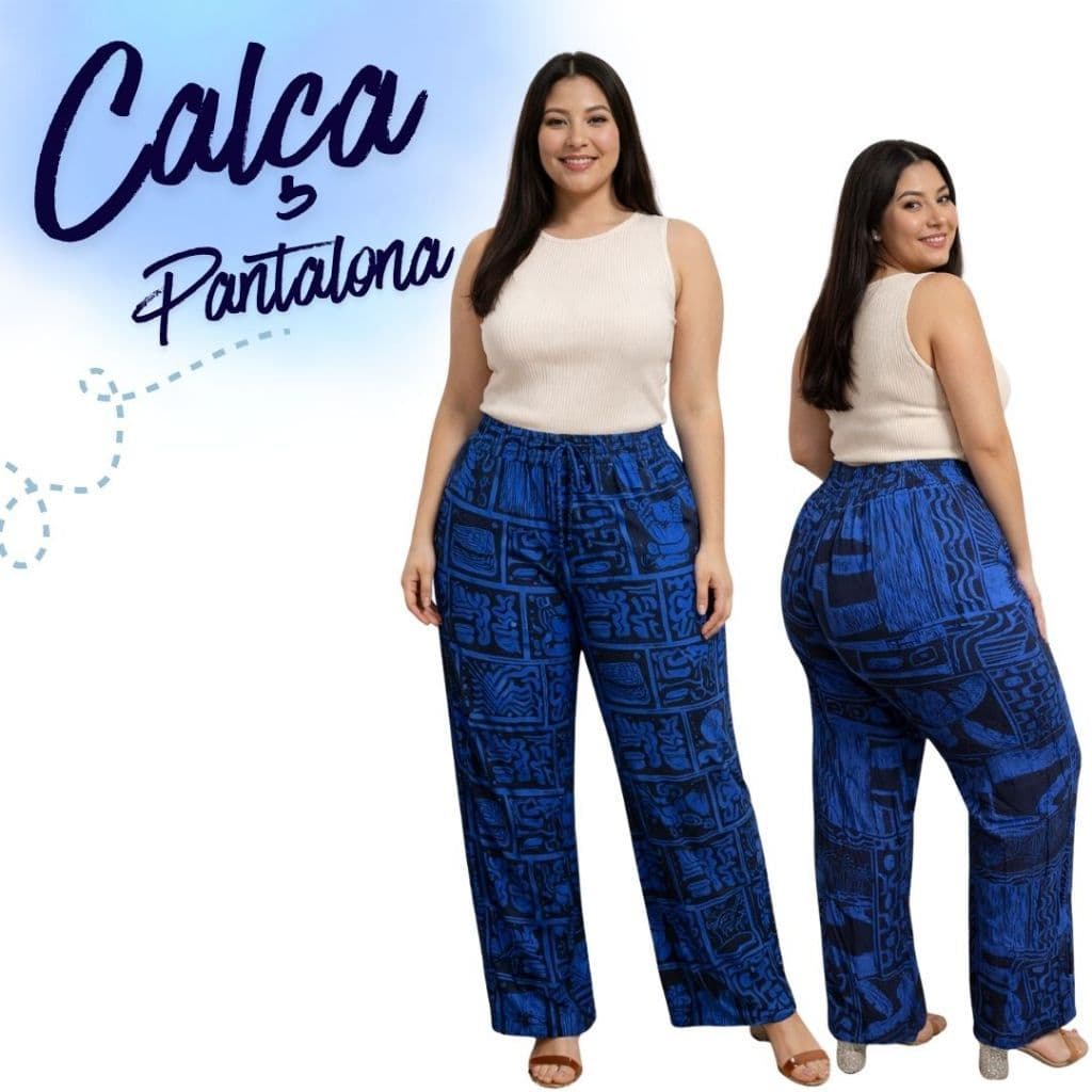 Calça Pantalona Feminina Estampada com elástico P ao GG Viscose Conforto Novidade