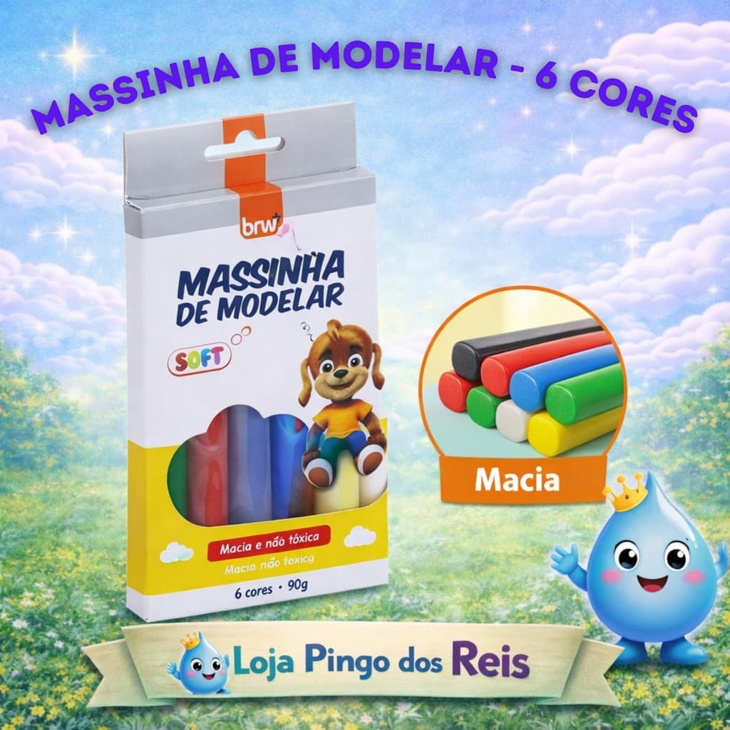 Massa de Modelar 6 Cores Atóxica – 90g | Macia e Segura para Crianças