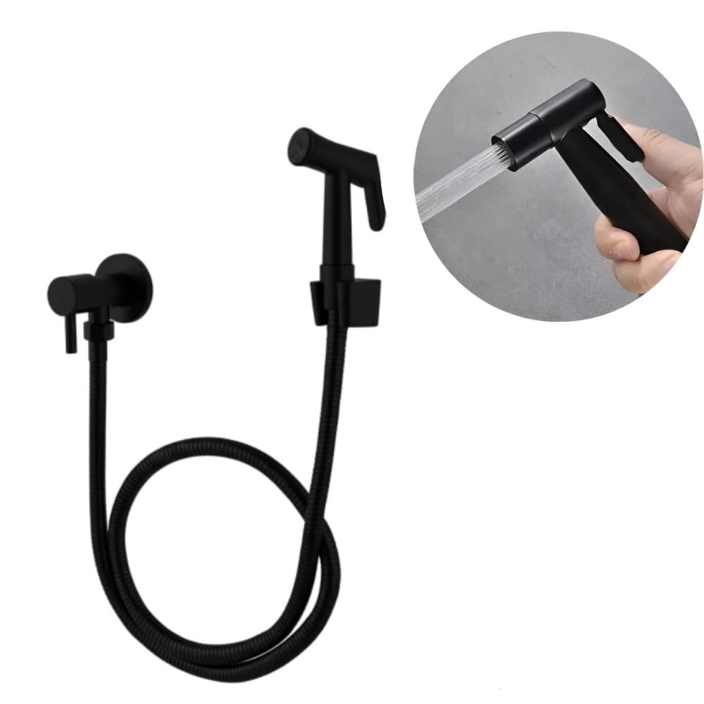 Ducha Higiênica Chuveirinho Íntimo Black Preto Redondo Metal Registro 1/4 Gatilho Abs Sanitário Banheiro Iguatemi Mão
