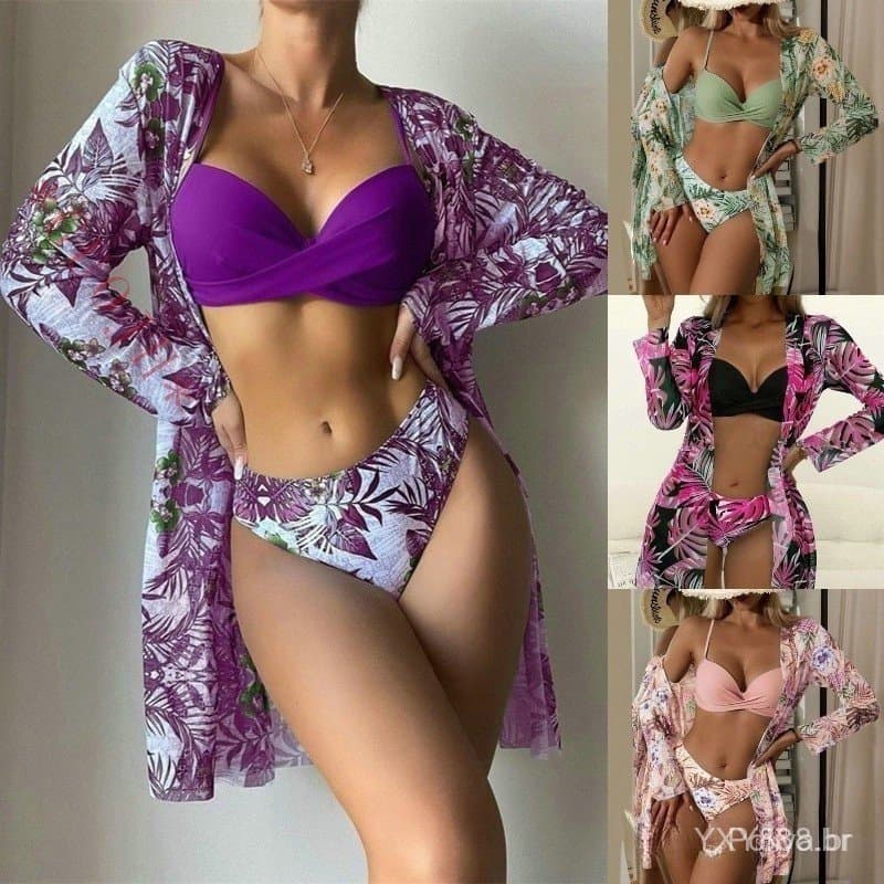 Biquíni de cintura alta terno de 3 peças senhoras biquíni com sutiã biquíni terno camisa de três peças quimono impressã