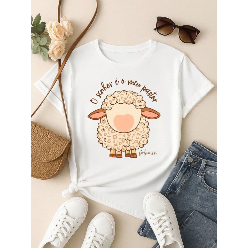 Blusa Feminina 100% Algodão Estampa Ovelha Cristã – "O Senhor é Meu Pastor" – Casual Confortável