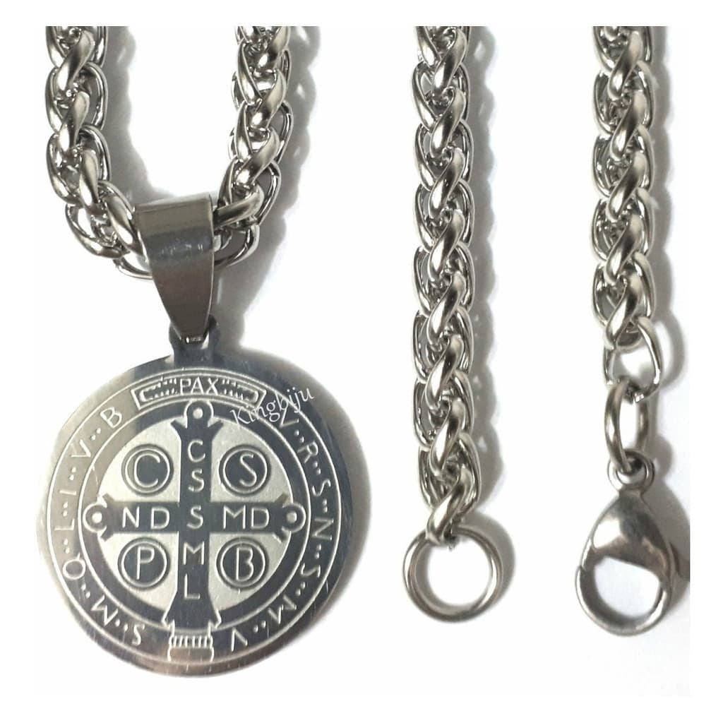 Medalha São Bento Duplaface E Corrente Indiana 60cm Aço Inox Selenita