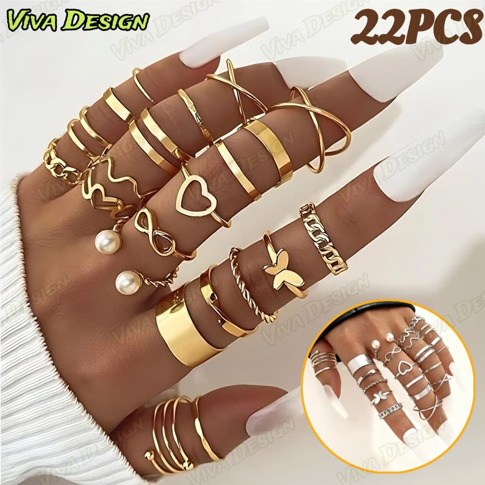 Conjunto De Anel De Dourado Vintage Mulheres Conjunto De Anel De Dedo Joias Acessórios-KIT22