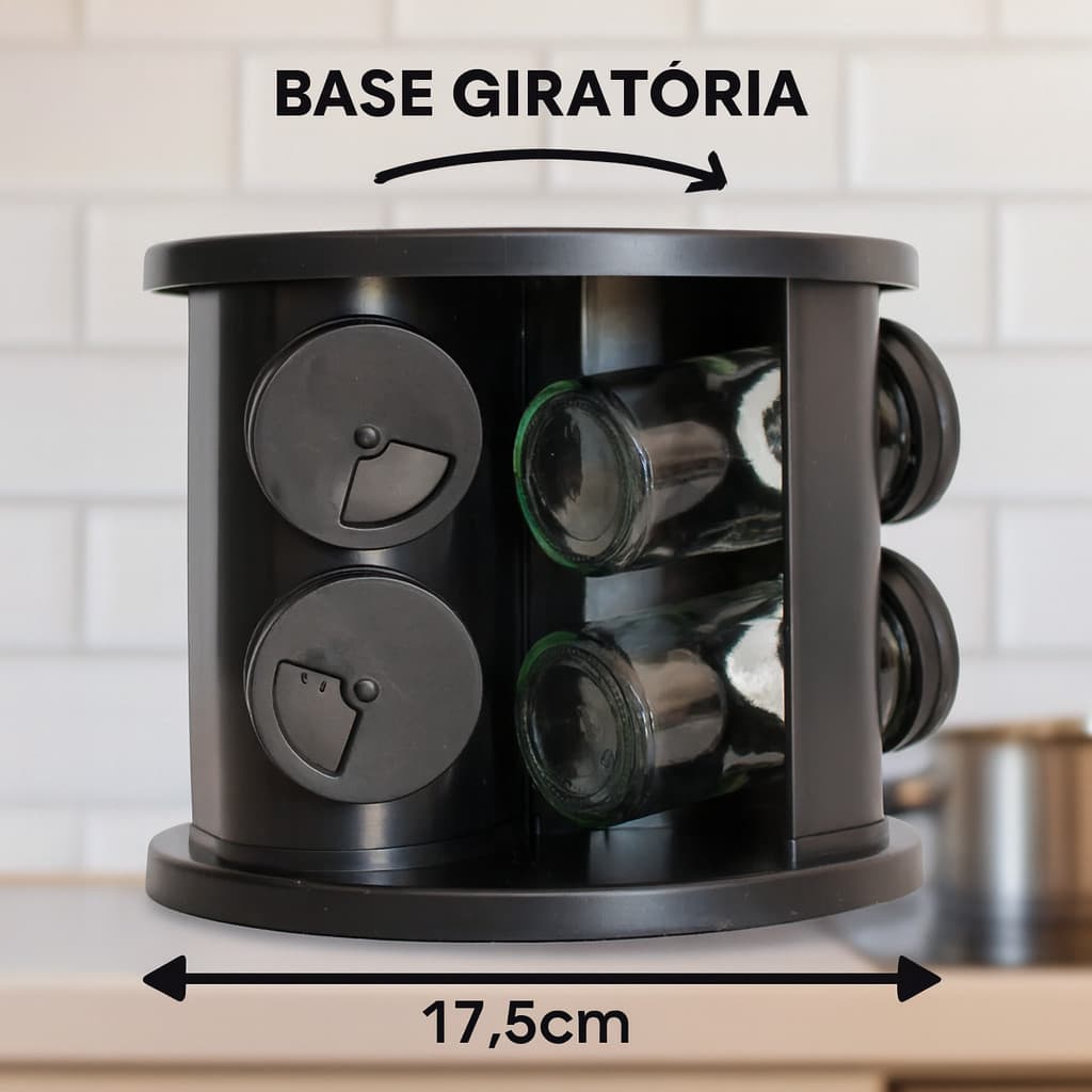 Porta Temperos Giratório Preto com 6 Potes de Vidro - Organização Compacta e Moderna 🍴