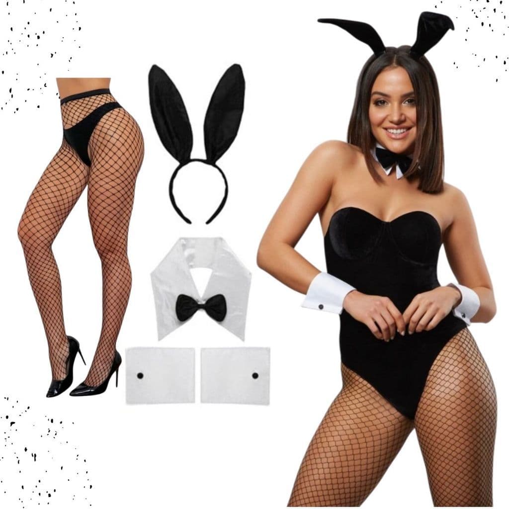 Fantasia de Coelhinha Carnaval Luxo Festa Coelinha  Orelhas Coelho Preto Meia Carnaval Playboy Coelha Preta