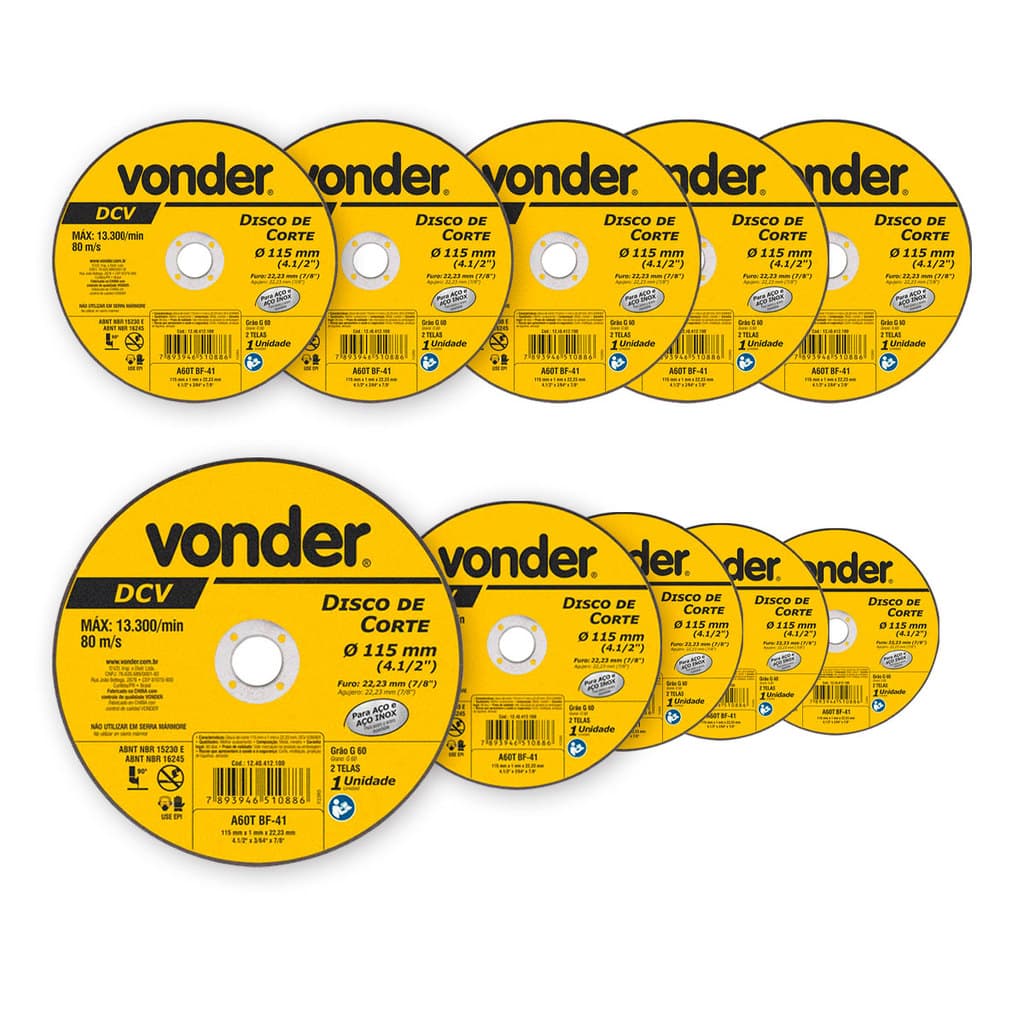 Kit 10 Disco De Corte 115mm X 1,0mm X 22,23mm Grão 60 Vonder
