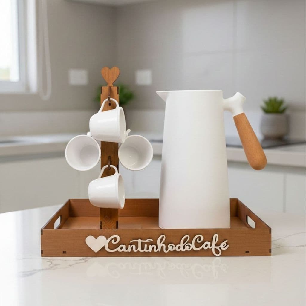 Kit Cantinho Do Café Bandeja Porta Xícaras 6 Xícaras MDF Organizador Decorativo Com Alças Casa Luxo