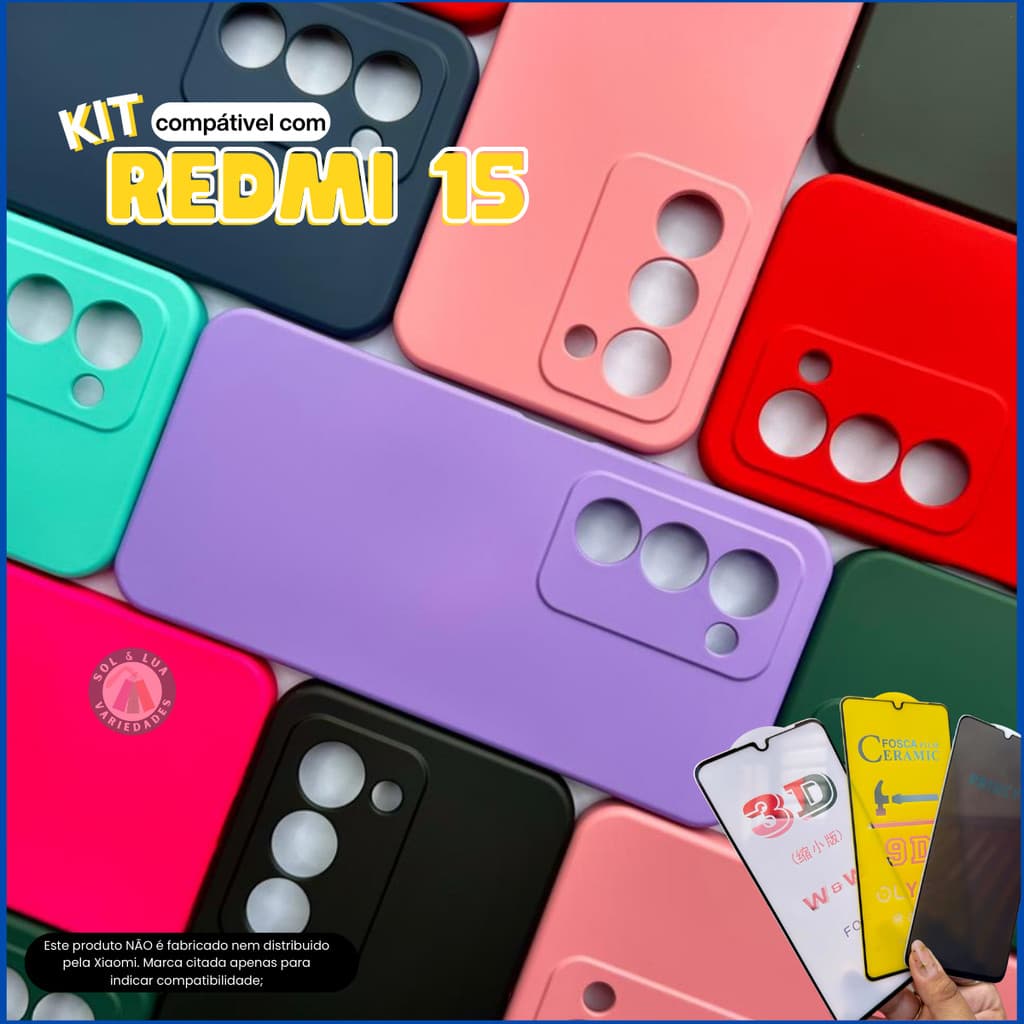 Kit Capa Capinha compatível com Xiaomi Redmi 15 + Película 3D Cerâmica Privacidade Câmera