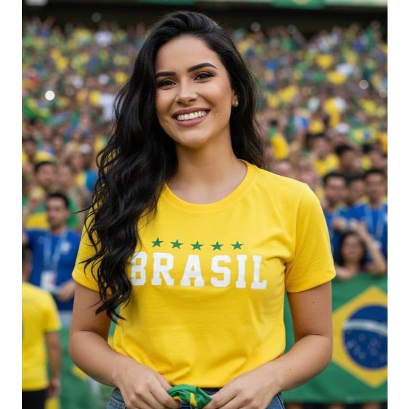 Camiseta Feminina Blusa 100% Algodão Brasil Copa do Mundo Amarela