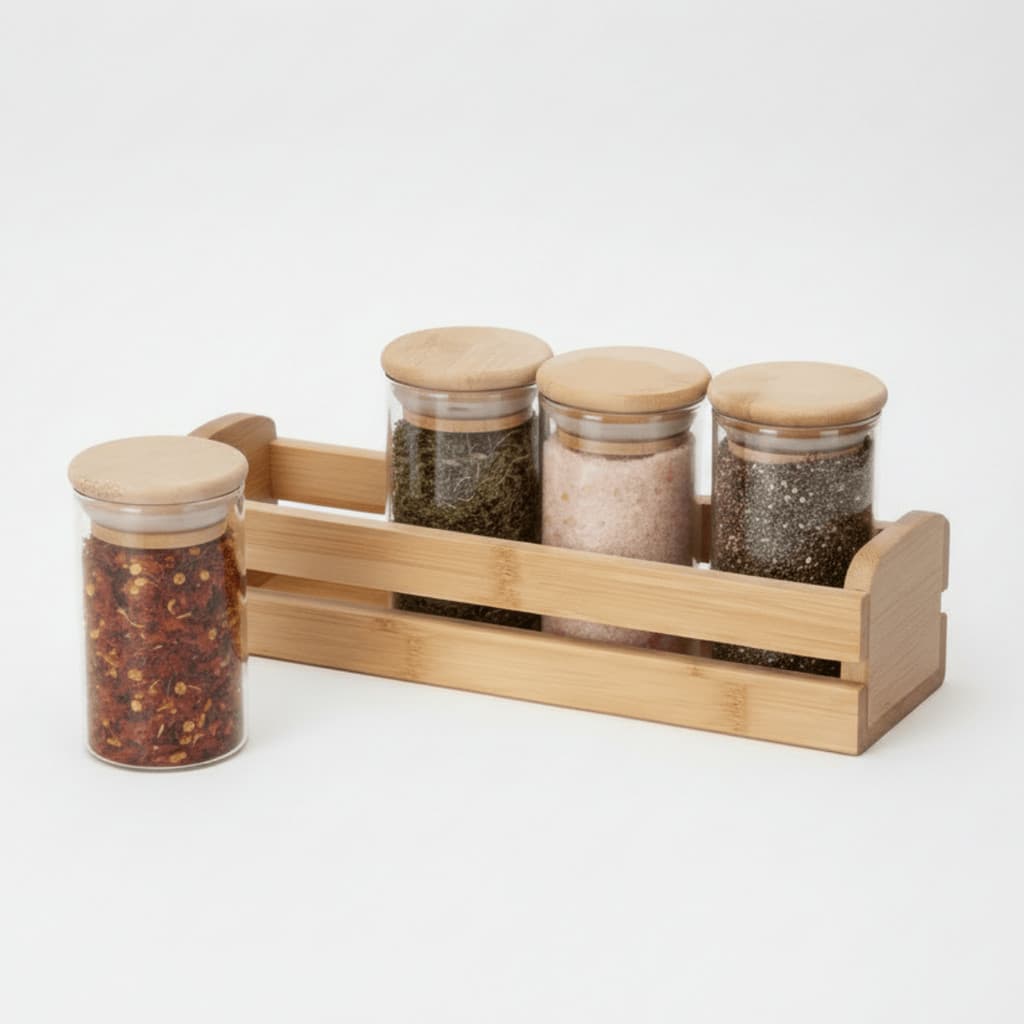 Kit 4 porta condimentos temperos especiarias 90ml suporte bambu vidro organização cozinha