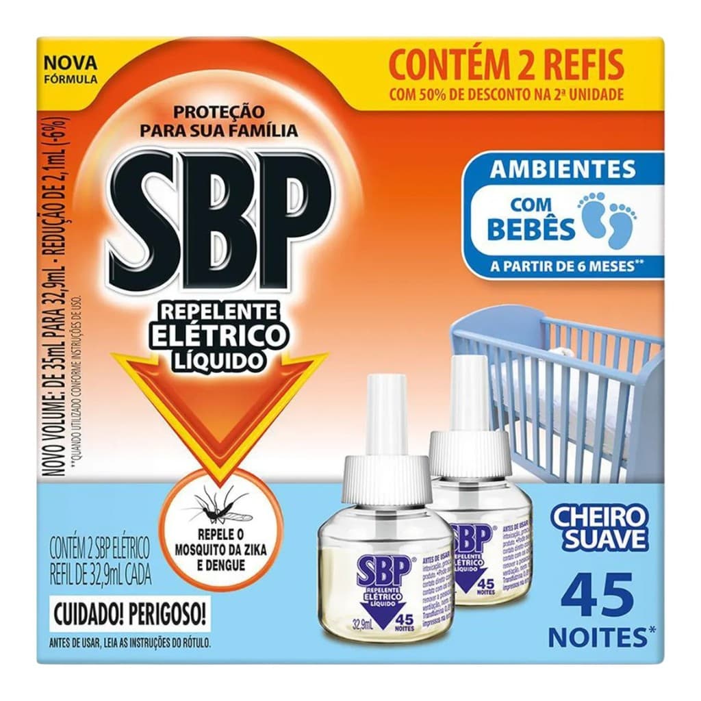 Refil Repelente Elétrico Líq. 2un 32,9ml Cheiro Suave - SBP