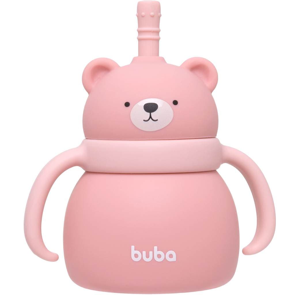 Copo de Silicone com Canudo Ursinho 200ml - Rosa - Buba