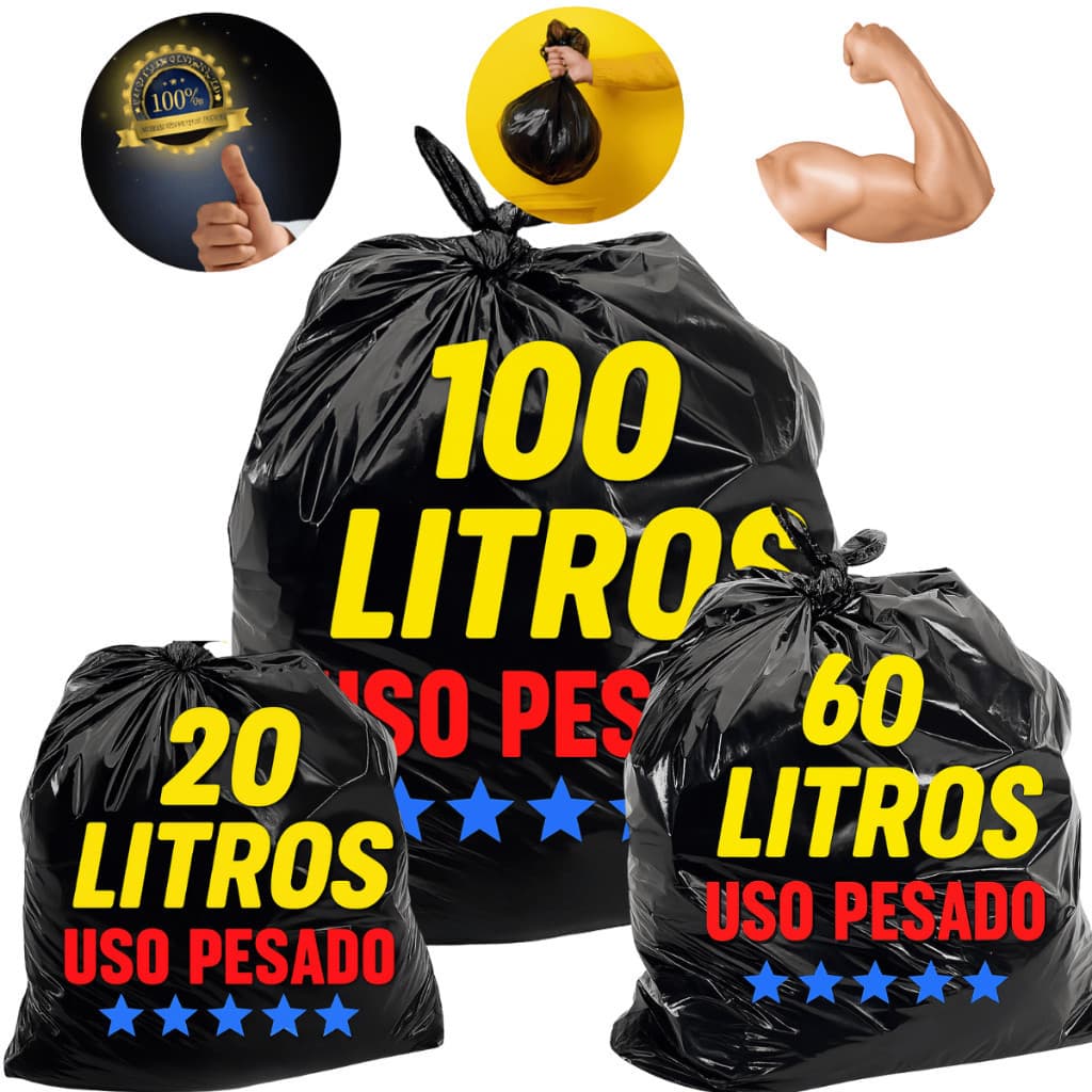Saco De Lixo 20LT/60LT/100LT. Resistente Preto Lixeira Reforçado 50 Unidades