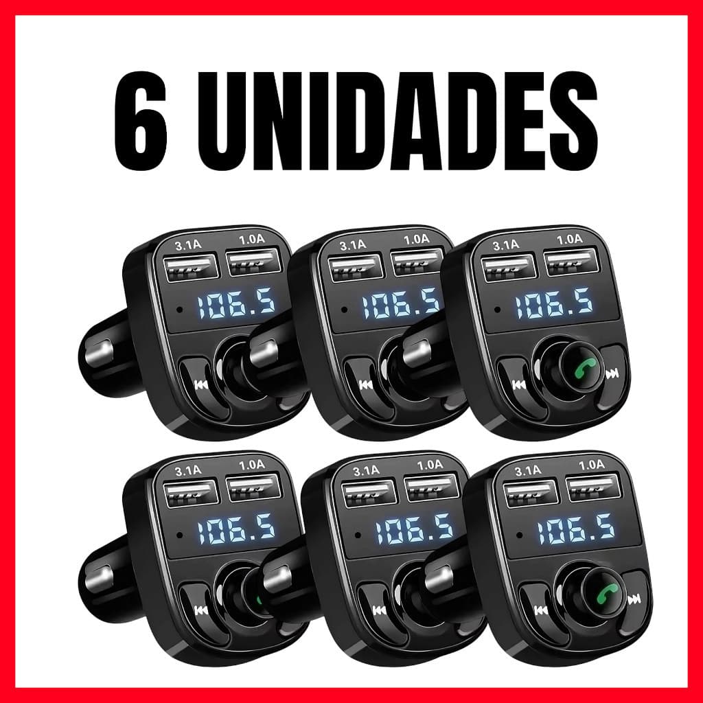 Kit 6 Adaptador Bluetooth Transmissor FM Carregador Veicular Com Entrada Para Pen Drive Compatível com Android e IOS x8
