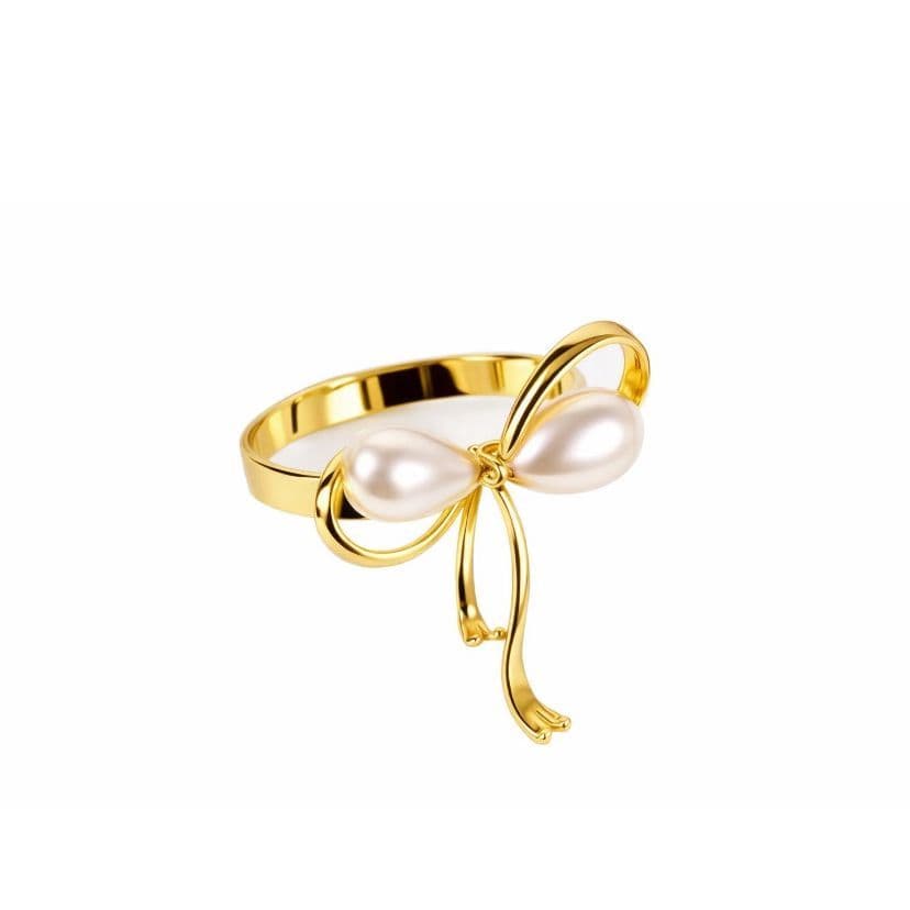 Cj.4 Anel Porta Guardanapo Metal Laço Dourado Perola 4,6x4,8cm