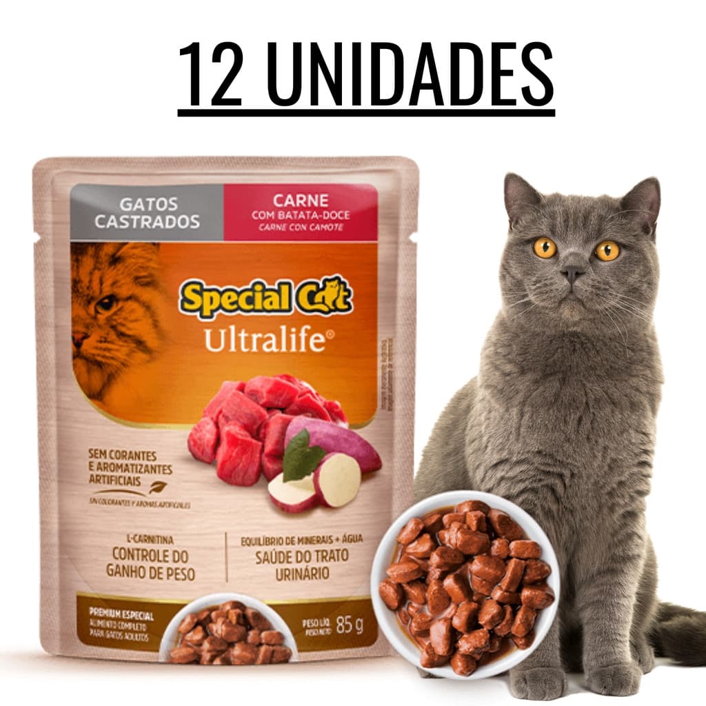 RAÇÃO ÚMIDA SPECIAL CAT ULTRALIFE SACHE CASTRADO CARNE 12x85G