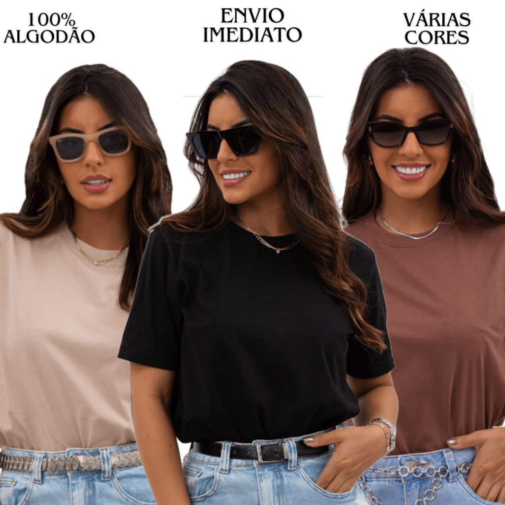 Kit com 3 Camisetas Básicas Femininas 100% Algodão – Modelos Lisos