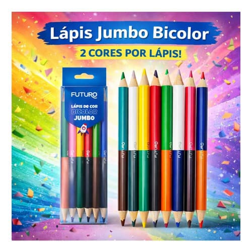 Lápis de Cor Jumbo Bicolor Ponta Dupla 12 Cores – 6 Lápis Mina Macia Escolar Madeira